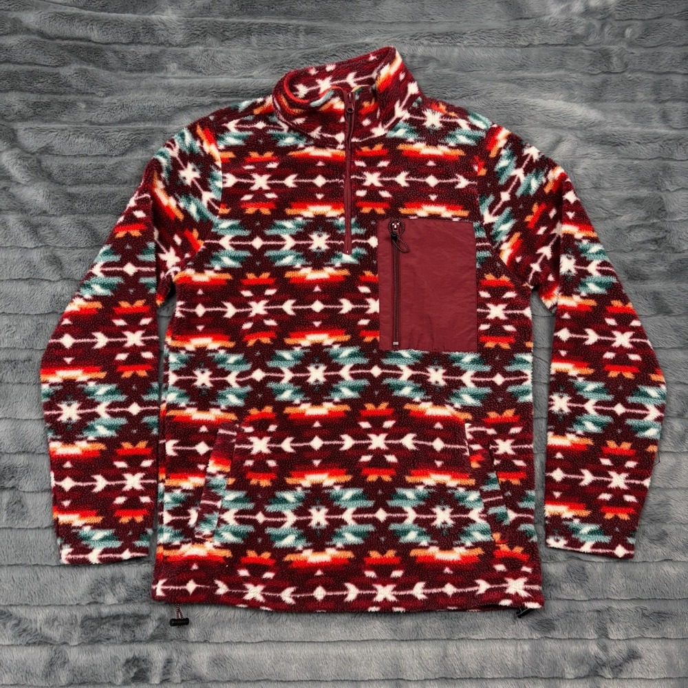 PacSun Mens Small Southwestern Tribal Fleece Quarter Zip Pullover Burgundy 8612